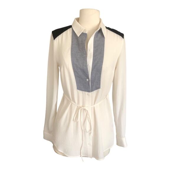 Maeve Anthropologie Button Up Chambray Contrast Chiffon Long Sleeve Blouse Sz 0 - Picture 1 of 11